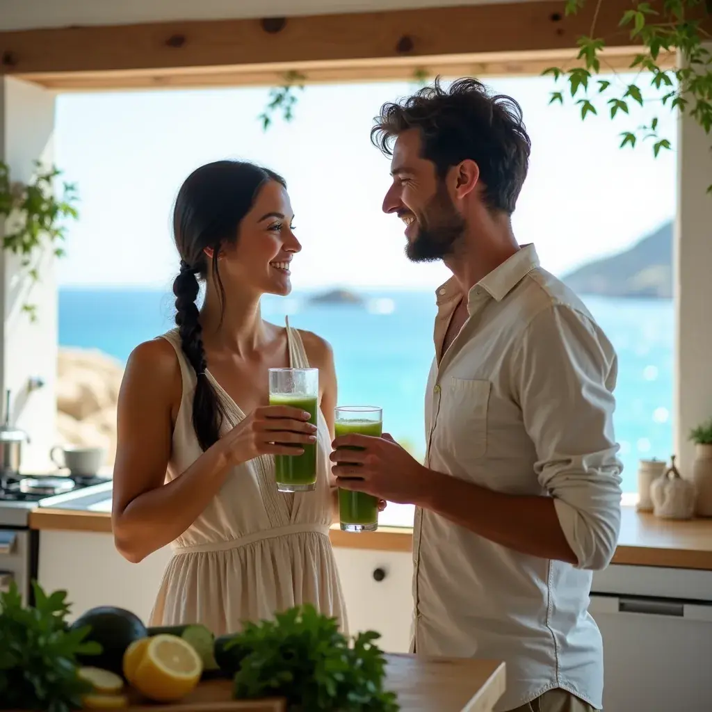 Vaso de batido verde decorado con rodajas de limón y hojas de menta.