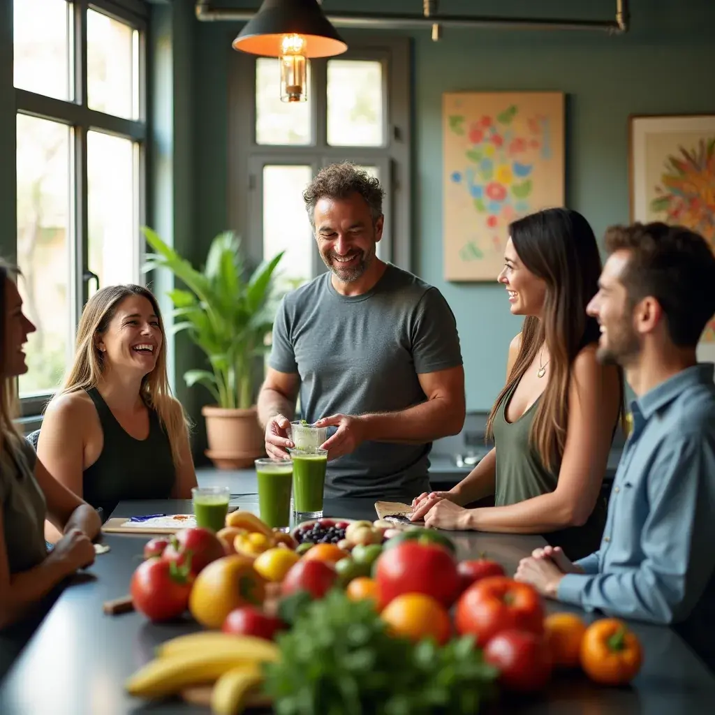 Batido verde servido en un tazón con semillas de chía y frutas.