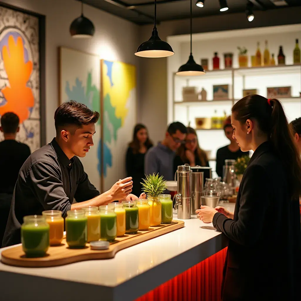 Mesa de cocina con utensilios y un batido verde recién hecho.