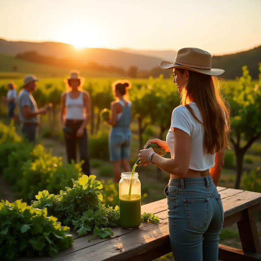 Mujer disfrutando de un batido verde en un parque soleado.